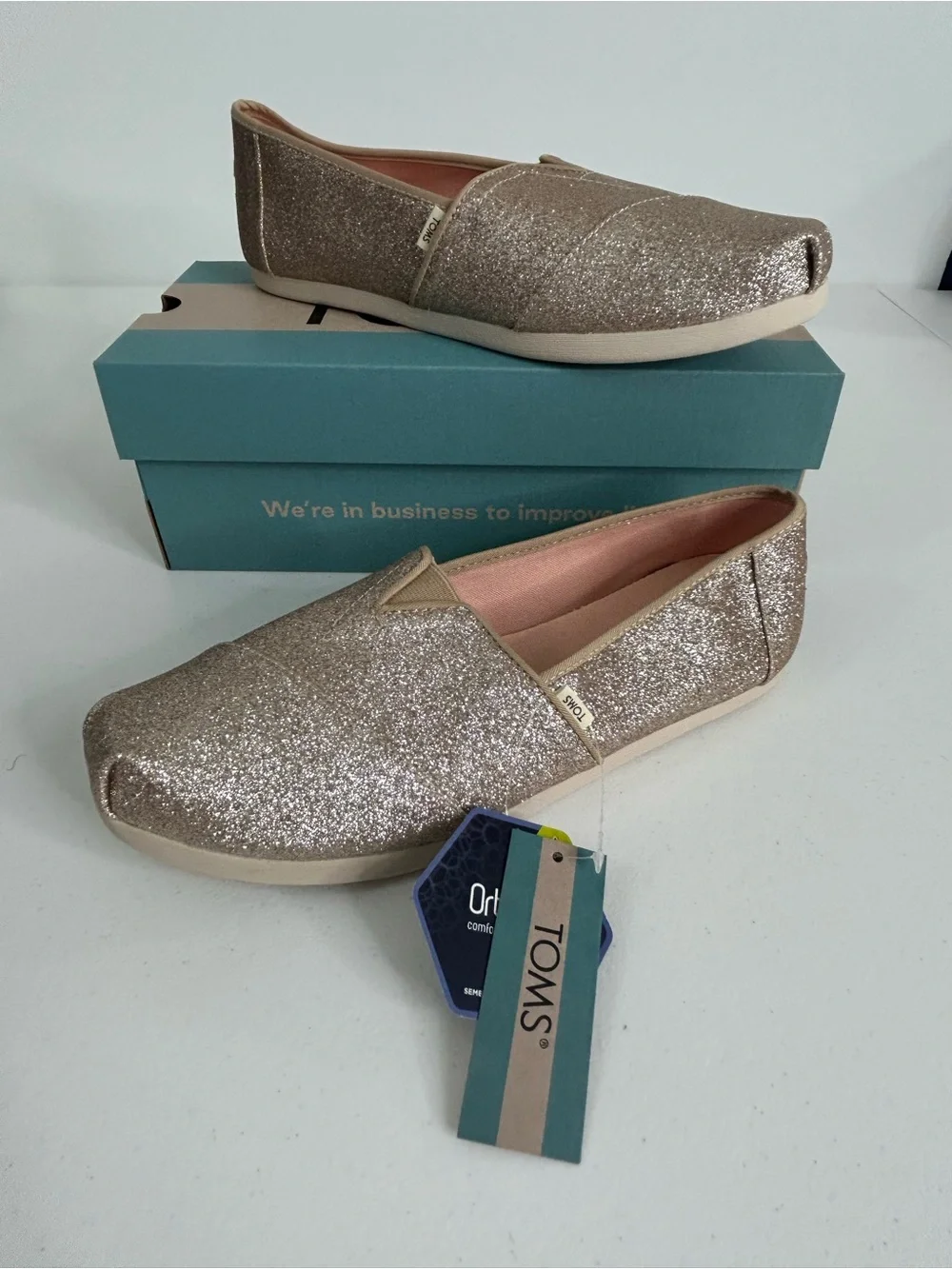 Toms Alpargata Champagne Glitter Shoes Size 8 NIB